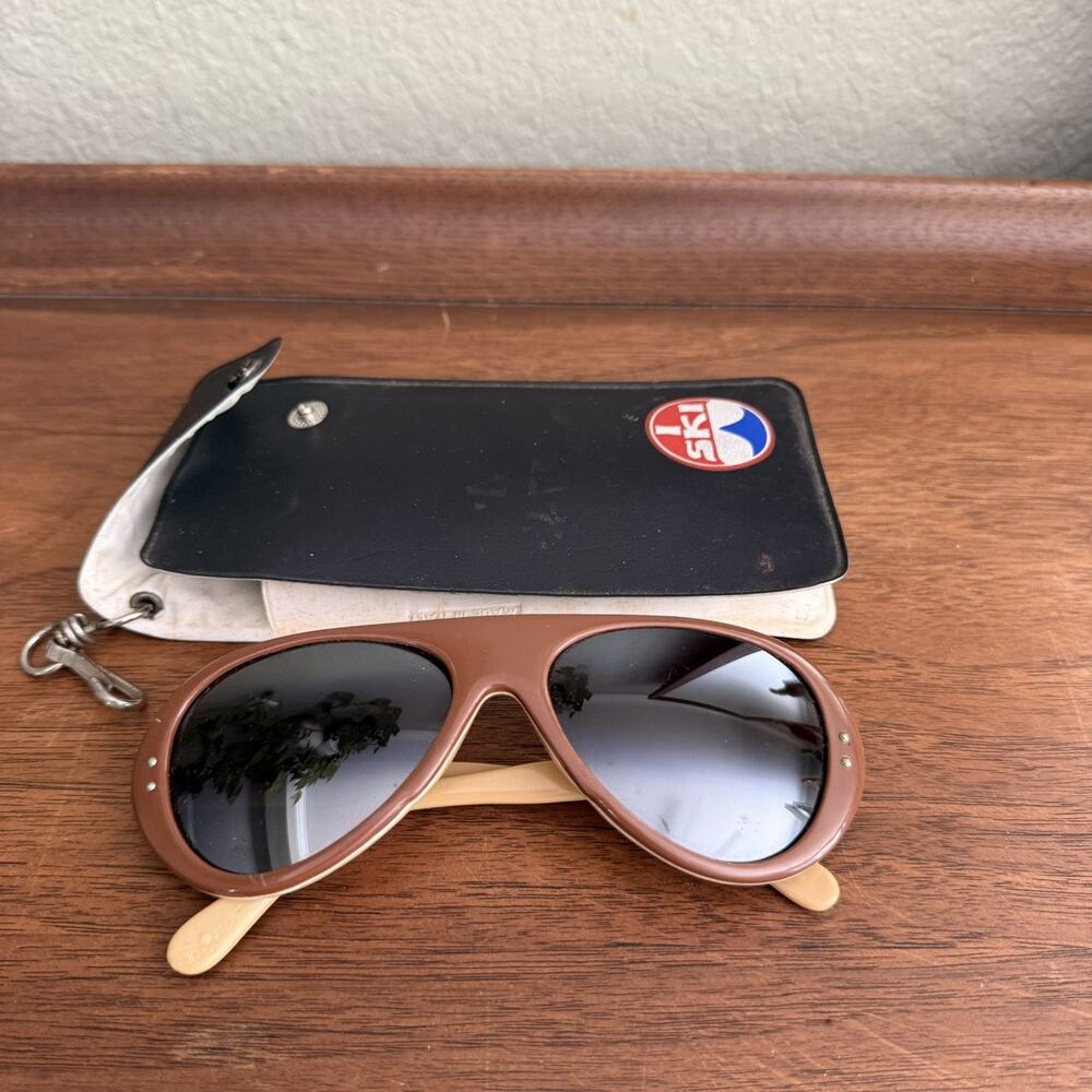 Vtg 1970s Ski Aviator Plastic Frame Sunglasses Japan Mirrored Lenses w/ case